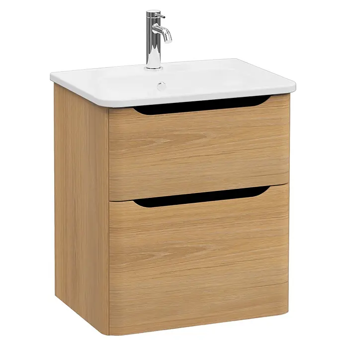 VitrA Integra Round Badmöbel-Set - Gesamtbreite Badmöbel: 60 cm, Eiche Gold - Badezimmermöbel aus hellem Holz mit weißem Keramikwaschbecken und Chromarmatur, zwei Schubladen mit integrierten Griffen.