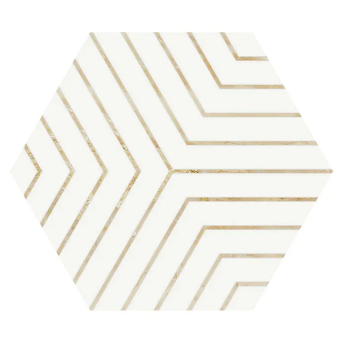 Feinsteinzeugfliese Venezia Hexagon - 23 x 27 cm, Oro, Matt - Hexagonale Fliese mit weißem geometrischem Chevron- und Streifenmuster, akzentuiert mit hellem Beige-Marmor.