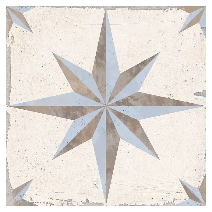 Feinsteinzeugfliese Vichy - 24,8 x 24,8 cm, Sol, Matt - Quadratische Fliese mit zentralem, verwittertem Sternmuster in mattem Blau und Braun auf hellem Grund.