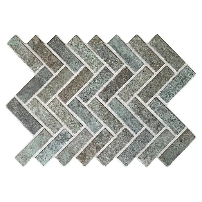 Wandfliese Cello Fischgrät - 40 x 60 cm, Verde, Glänzend - Strukturierte grüngraue Fischgrät-Mosaikfliesen.