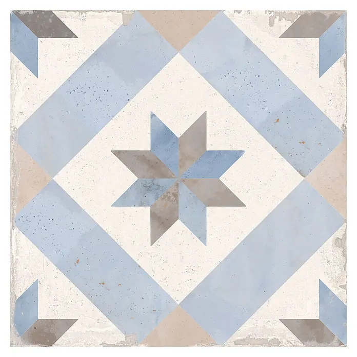 Feinsteinzeugfliese Vichy - 24,8 x 24,8 cm, Mar, Matt - Distressed geometrische Fliese mit achtzackigem Stern in Blau und Beige, umgeben von diagonalen Bändern.