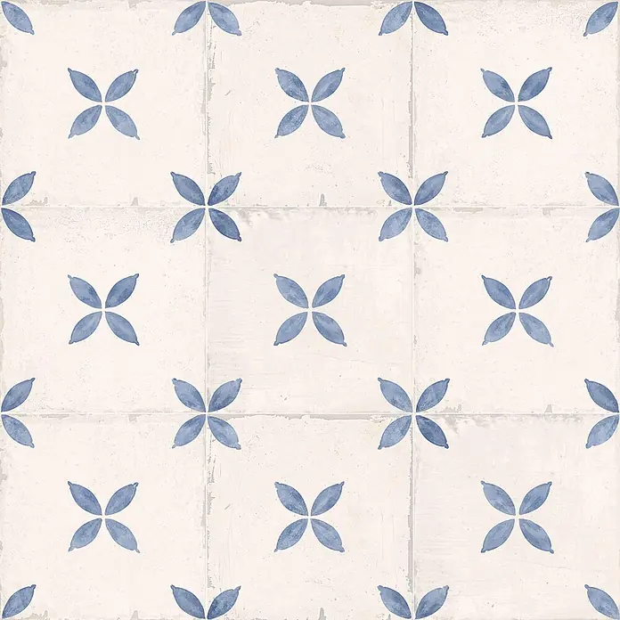Feinsteinzeugfliese Sofia - 24,8 x 24,8 cm, Azul, Matt - Helle Fliesen mit wiederholendem blauen vierblättrigen Design, das ein nahtloses Blumenmuster bildet.