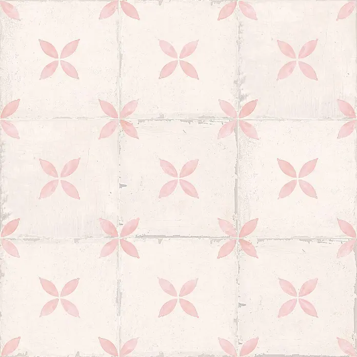 Feinsteinzeugfliese Sofia - 24,8 x 24,8 cm, Rosa, Matt - Abgenutzte cremefarbene Fliesen mit rosa Blumen-X-Muster, ideal für Vintage-Boden- oder Wanddekoration.