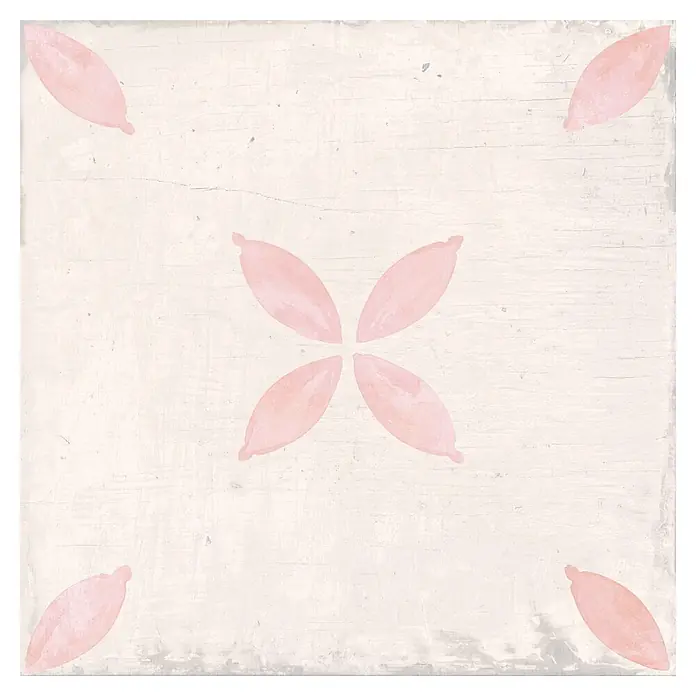 Feinsteinzeugfliese Sofia - 24,8 x 24,8 cm, Rosa, Matt - Hellrosa Blütenblattmuster auf einer hellbeigen, strukturierten Oberfläche, mit zentraler Blüte und Eckblättern.