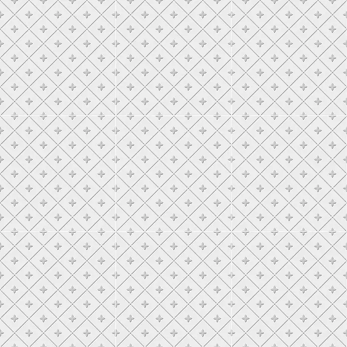 Feinsteinzeugfliese Alhambra - 24,8 x 24,8 cm, Gris, Matt - Hellgraue Prägeplatte mit Rautenmuster, kleinen Punkten und stilisierten vierblättrigen Kreuzen.