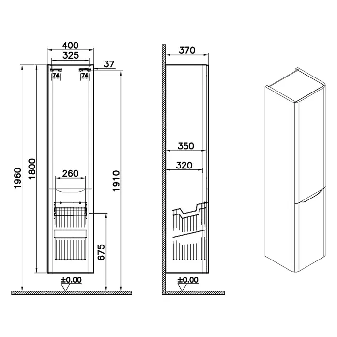 VitrA Hochschrank Integra Round - B x T x H: 40 x 37 x 180 cm, Hellgrau, DIN Anschlag: Rechts, Inklusive 3 Glasböden und Wäscheklappe - Technische Zeichnungen und eine isometrische Ansicht eines hohen, schmalen Einbaukühl- oder Gefrierschranks mit Maßen.