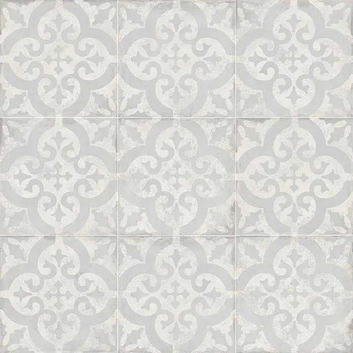 Feinsteinzeugfliese Triana - 24,8 x 24,8 cm, Flor Gris, Matt - Hellgraue und cremefarbene Fliesen mit antikem geometrischem Muster für Boden und Wand.
