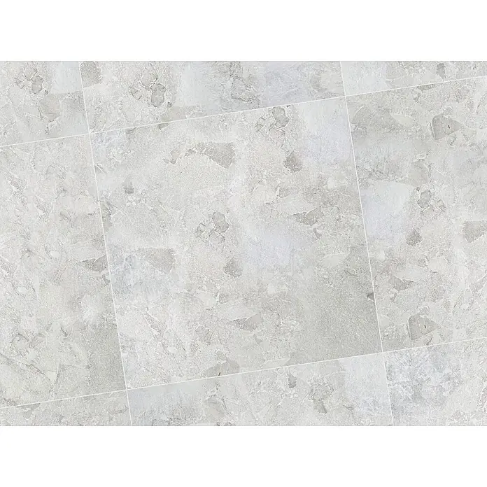 Feinsteinzeugfliese Monte - 60 x 60 cm, Bianco, Matt - Graue Fliesen in Marmoroptik mit weißen Fugenlinien, die eine strukturierte Oberfläche bilden.