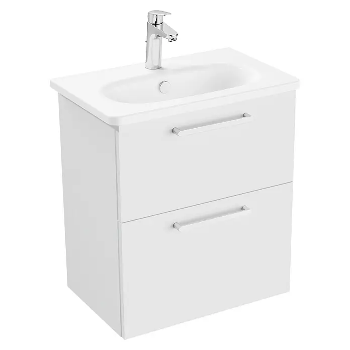 VitrA Root Flat Compact Badmöbel-Set Compact - B x T x H: 60 x 37 x 65 cm, Weiß, Hochglänzend - Weißer Badezimmerschrank mit Keramikwaschbecken, Chromarmatur und zwei Schubladen mit Chromgriffen.