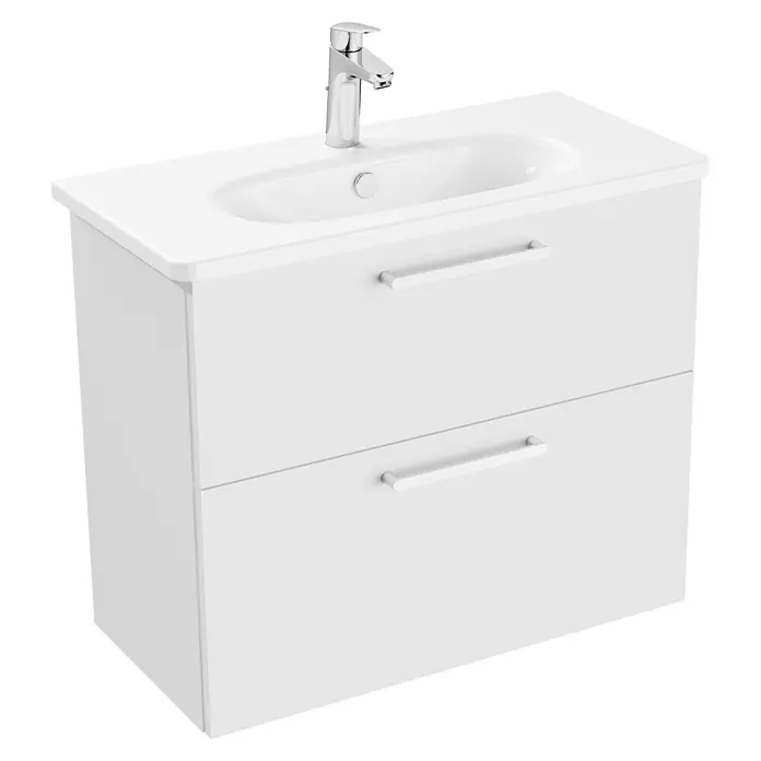 VitrA Root Flat Compact Badmöbel-Set Compact - B x T x H: 80 x 37 x 65 cm, Weiß, Hochglänzend - Weißer Badunterschrank mit integriertem Waschbecken, Chromarmatur und zwei Schubladen mit Chromgriffen.
