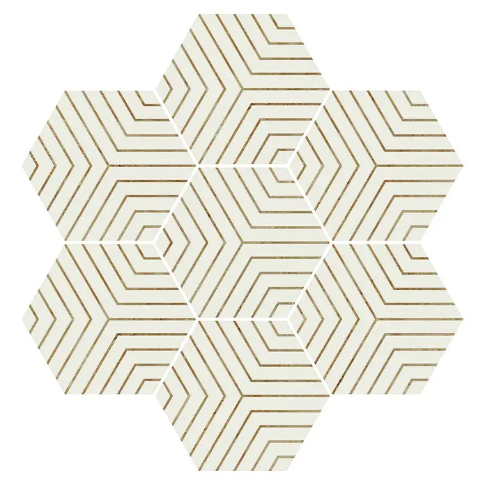 Feinsteinzeugfliese Venezia Hexagon - 23 x 27 cm, Oro, Matt - Sechseckige Fliesen mit weiß-goldenen geometrischen Chevron-Mustern.