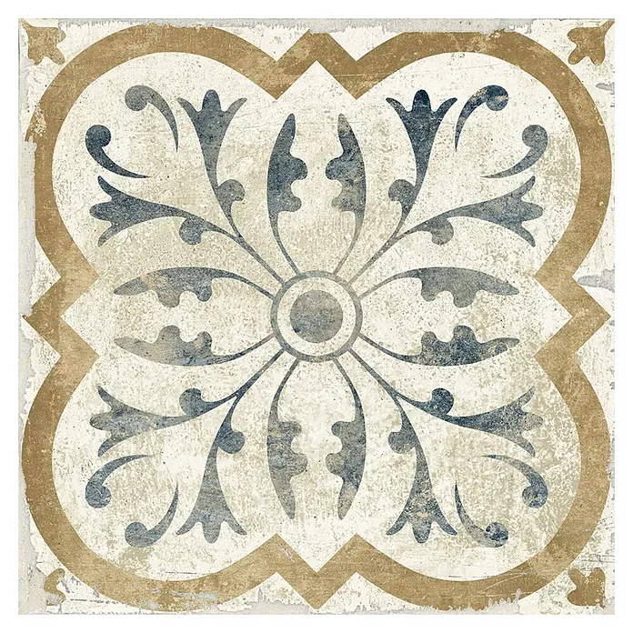 Feinsteinzeugfliese - 24,8 x 24,8 cm, Bouguet, Matt - Dekorfliese, used, mit zentralem blauem Blumenmuster und goldbraunem Rahmen auf cremefarbenem Grund.