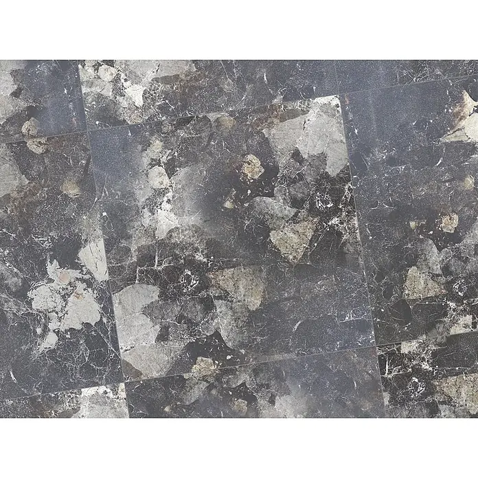 Feinsteinzeugfliese Monte - 60 x 60 cm, Nero, Matt - Dunkelgraue und schwarze Fliesen in Marmoroptik mit weißer und hellgrauer Maserung, im Gittermuster verlegt.