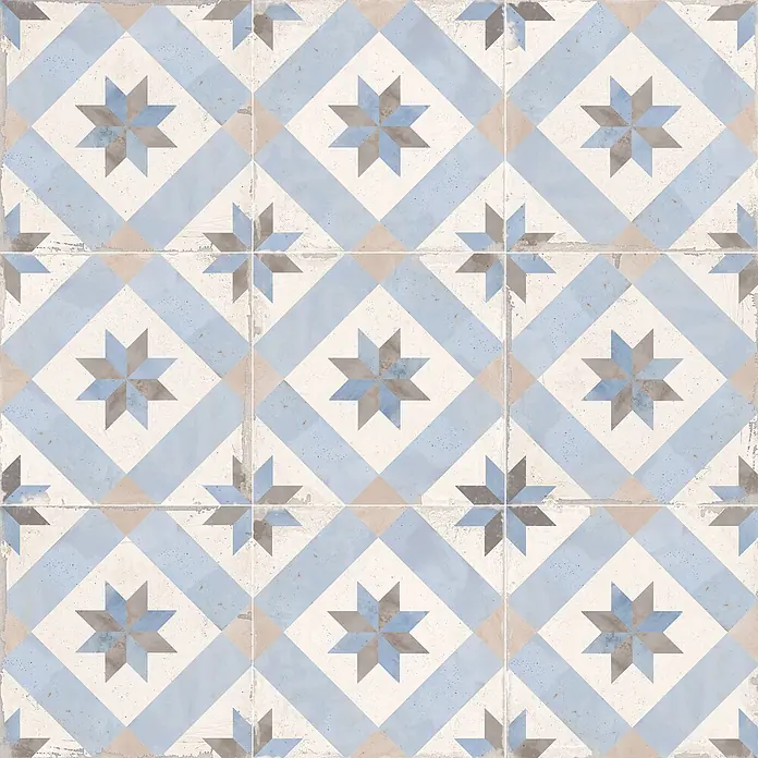 Feinsteinzeugfliese Vichy - 24,8 x 24,8 cm, Mar, Matt - Abgenutzte blau, beige und weiße geometrische Sternenmusterfliesen für dekorative Böden oder Wände.