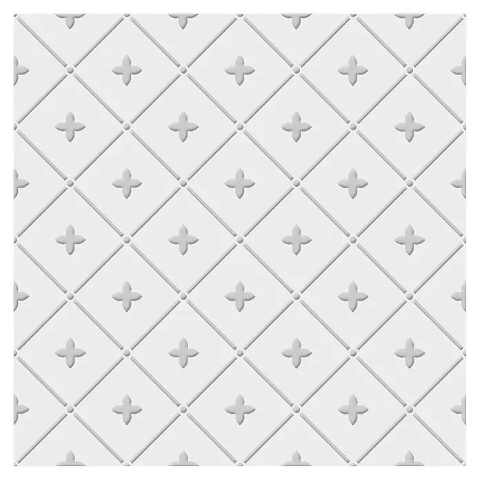 Feinsteinzeugfliese Alhambra - 24,8 x 24,8 cm, Gris, Matt - Weißes geprägtes Dekorationspaneel mit Rautenmuster, kleinen Punkten und vierblättrigen Blumenformen.