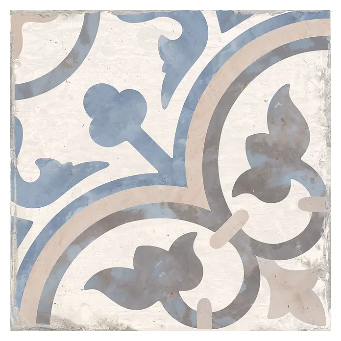 Feinsteinzeugfliese Vichy - 24,8 x 24,8 cm, Flor, Matt - Dekorative Fliese mit blauem, beigem und grauem floralem Schnörkelmuster auf cremefarbenem Hintergrund.