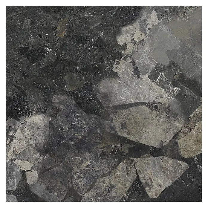 Feinsteinzeugfliese Monte - 60 x 60 cm, Nero, Matt - Dunkelgraue und schwarze Brekzien-Marmorfliese mit unregelmäßigen helleren Fragmenten.