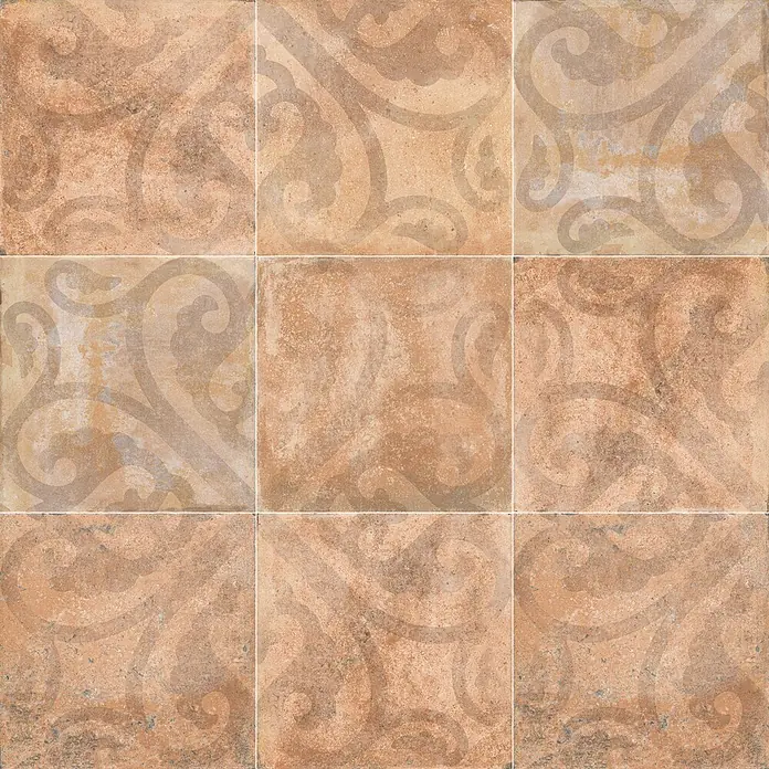 Feinsteinzeugfliese Heredad Greek avena - 24,8 x 24,8 cm, Cotto, Matt - Rotbraune, strukturierte Keramikfliesen mit dezentem, hellem Zierornament für Boden oder Wände.
