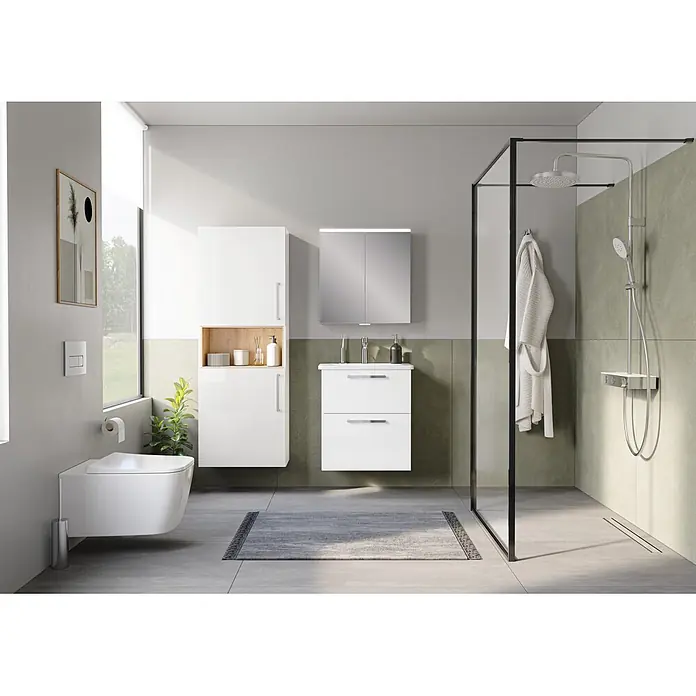 VitrA LED-Spiegelschrank - B x H: 60 x 62 cm, Mit Beleuchtung, Weiß - Modernes Badezimmer mit weißem Waschtisch, Spiegelschrank, begehbarer Dusche, Wand-WC und Hochschrank.