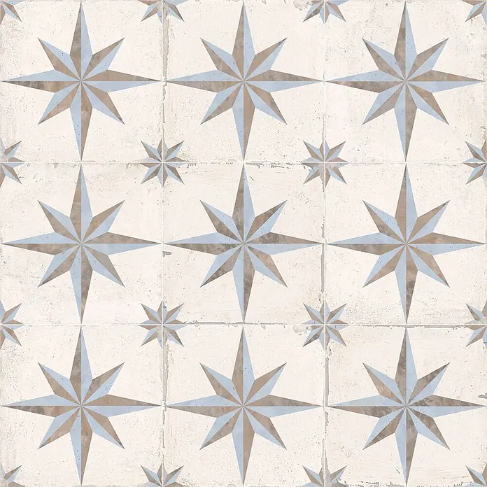 Feinsteinzeugfliese Vichy - 24,8 x 24,8 cm, Sol, Matt - Gealterte Fliesen mit hellblauem und beigem Kompassrosen-Sternmuster.