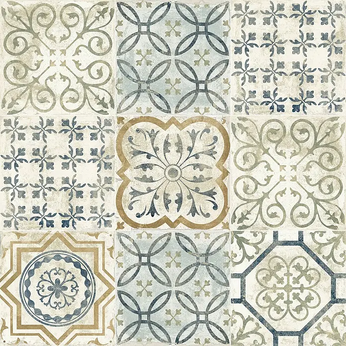 Feinsteinzeugfliese - 24,8 x 24,8 cm, Bouguet, Matt - Abgenutzte Keramikfliesen mit verschiedenen floralen und geometrischen Mustern in gedämpften Blau-, Grün- und Brauntönen.