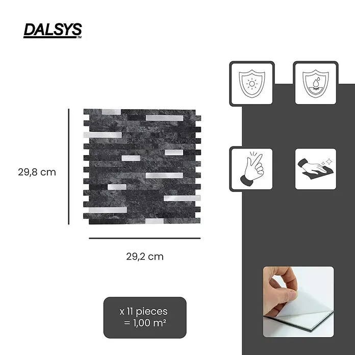 Dalsys Wandfliese 1m² Selbstklebende Fliesen Marmor- und Steinoptik 11 Stück Anthrazit Silber - 29,2 x 29,8 cm, Anthracite - Selbstklebende dunkelgraue Mosaikfliesen mit Metallakzenten, UV- & wasserbeständig, leicht zu reinigen. 11 Stück (1 m²).