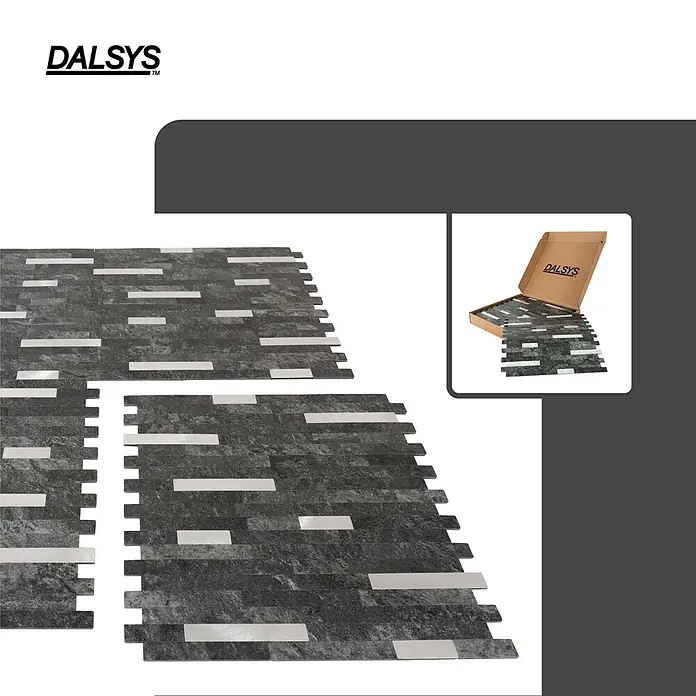Dalsys Wandfliese 1m² Selbstklebende Fliesen Marmor- und Steinoptik 11 Stück Anthrazit Silber - 29,2 x 29,8 cm, Anthracite - Dunkelgraue Mosaikfliesen mit silbernen, rechteckigen Metalleinsätzen und Verzahnung.