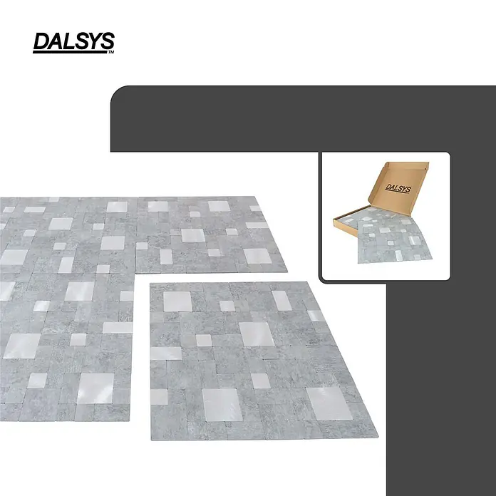 Dalsys Wandfliese 1m² Selbstklebende Fliesen Steinoptik Quadrat 11 Stück Hellgrau Silber - 30,7 x 30,7 cm, Silber - DALSYS graue und silberne Mosaikfliesen ausgelegt und in einer Verpackung.