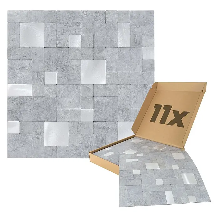 Dalsys Wandfliese 1m² Selbstklebende Fliesen Steinoptik Quadrat 11 Stück Hellgrau Silber - 30,7 x 30,7 cm, Silber - Graue Mosaikplatten mit glänzenden Silberakzenten, eine Box enthält 11 Stück.