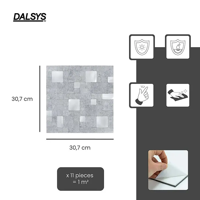 Dalsys Wandfliese 1m² Selbstklebende Fliesen Steinoptik Quadrat 11 Stück Hellgrau Silber - 30,7 x 30,7 cm, Silber - Selbstklebende graue Mosaik-Wandfliesen mit Silberakzenten, 30,7x30,7cm. Einfach anzubringen & wasserabweisend.
