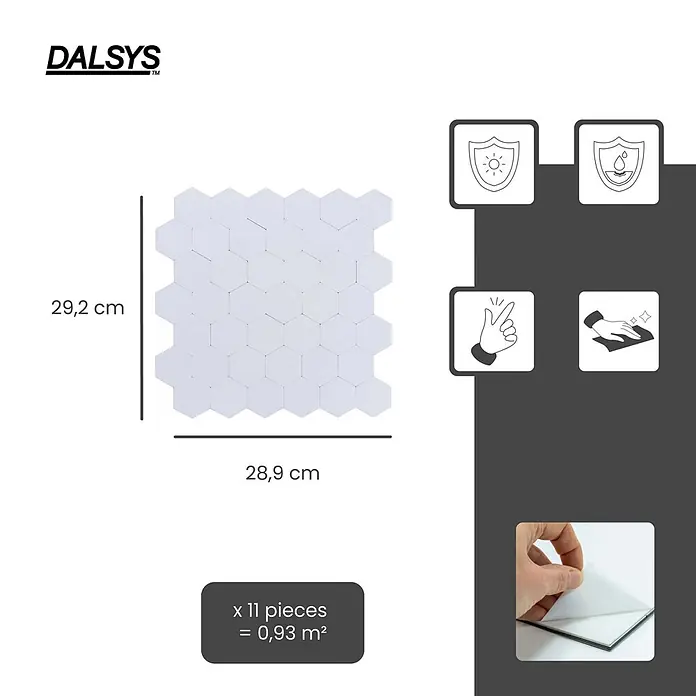 Dalsys Wandfliese 1m² Selbstklebende Fliesen Wabenmuster 11 Stück Weiß - 28,9 x 29,2 cm, Weiß - Weiße selbstklebende Sechseckfliesen, 29,2x28,9 cm pro Blatt, 11 Stück decken 0,93 m² ab, wasserdicht und UV-beständig.