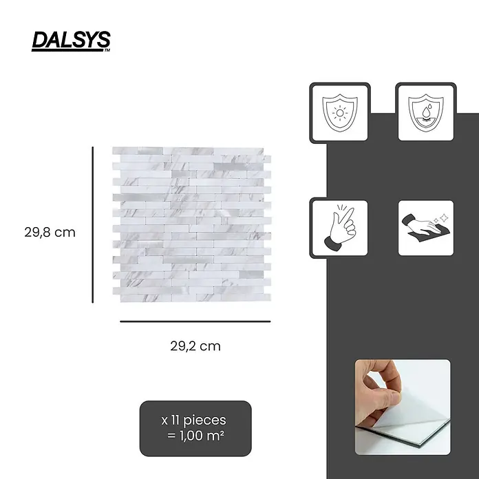 Dalsys Wandfliese 1m² Selbstklebende Fliesen Marmor- und Steinoptik 11 Stück Weiß Silber - 29,2 x 29,8 cm, Weiß - Selbstklebende Mosaikfliesen in Weiß-Grau-Marmoroptik, 29,8 x 29,2 cm, zum Abziehen und Aufkleben für einfache Installation.