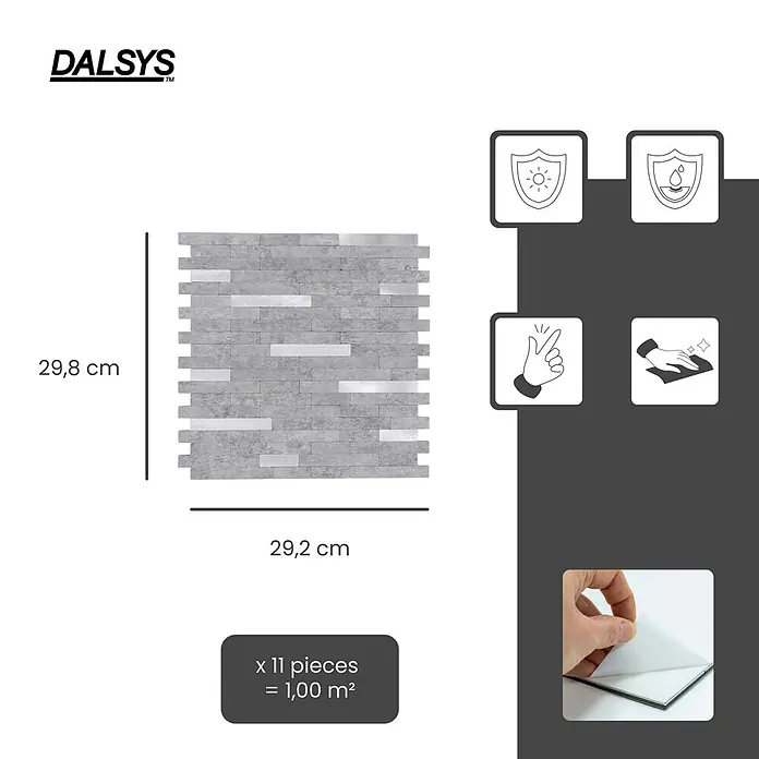 Dalsys Wandfliese 1m² Selbstklebende Fliesen Marmor- und Steinoptik 11 Stück Hellgrau Silber - 29,2 x 29,8 cm, Silber - Grau-silberne, selbstklebende Mosaik-Wandfliesen (29,8x29,2cm) mit Maßen und Packungsinhalt. Langlebig und einfach anzubringen.