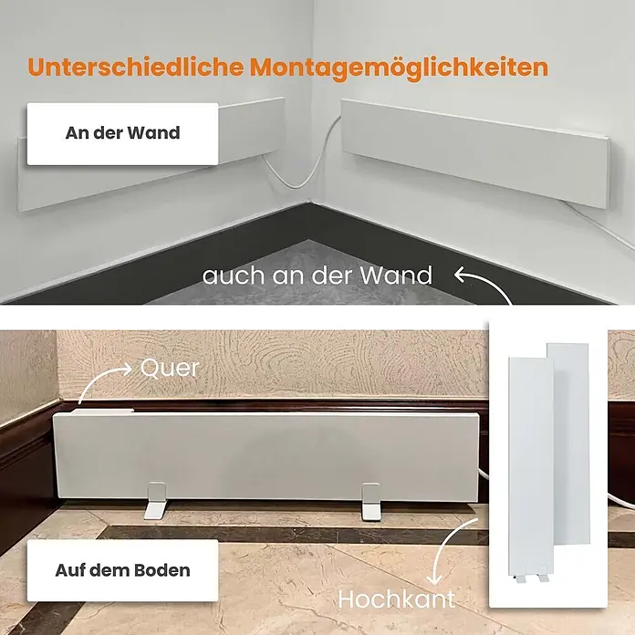 Dalsys Infrarotheizkörper Anti-Schimmel-Heizung 60W, 12 x 60 x 1,3cm, 2 Panel, IP44 zertifiziert - Weiß - Weißer schlanker Paneelheizkörper in verschiedenen Konfigurationen: horizontal an der Wand montiert und auf dem Boden stehend (horizontal und vertikal).