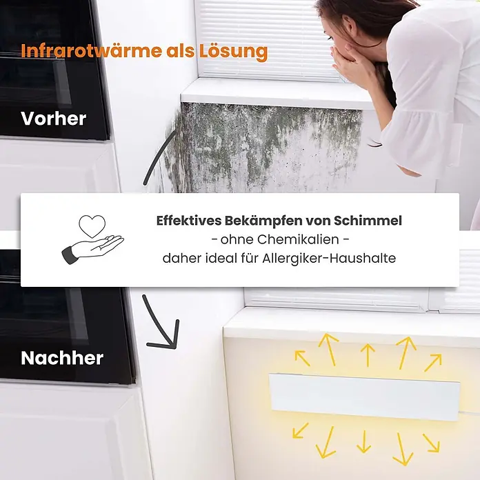 Dalsys Infrarotheizkörper Anti-Schimmel-Heizung 60W, 12 x 60 x 1,3cm, 2 Panel, IP44 zertifiziert - Weiß - Weißes, rechteckiges Infrarotheizpaneel an der Wand, das Wärme zur Schimmelprävention abgibt.