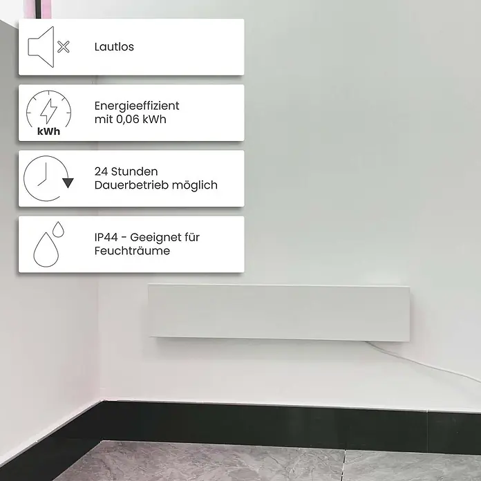 Dalsys Infrarotheizkörper Anti-Schimmel-Heizung 60W, 12 x 60 x 1,3cm, 2 Panel, IP44 zertifiziert - Weiß - Weißer rechteckiger Wandheizkörper.