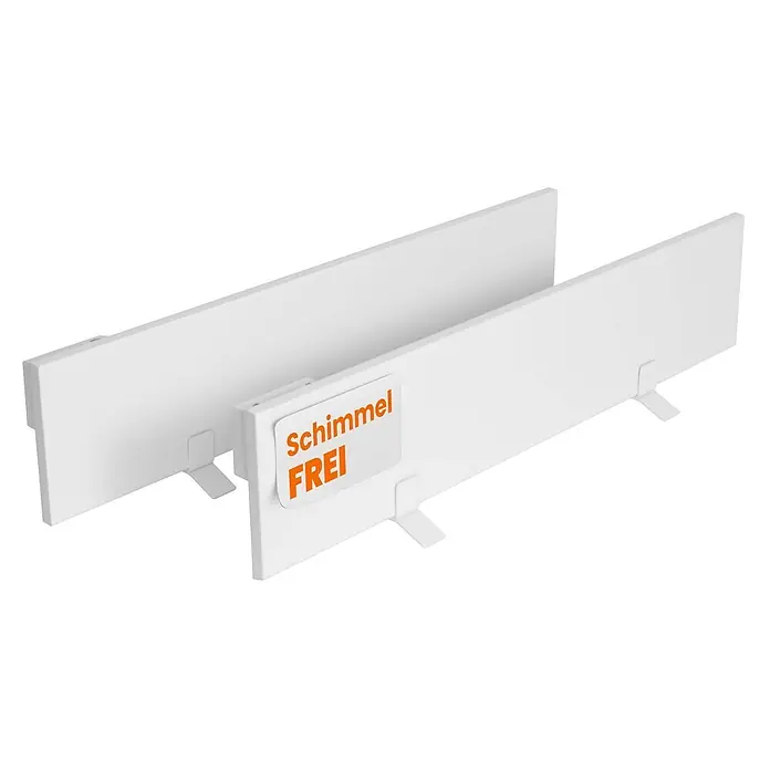 Dalsys Infrarotheizkörper Anti-Schimmel-Heizung 60W, 12 x 60 x 1,3cm, 2 Panel, IP44 zertifiziert - Weiß - Zwei weiße, rechteckige Schimmelschutzpaneele mit Standfüßen, eines mit orangefarbenem 'Schimmel FREI' Etikett.