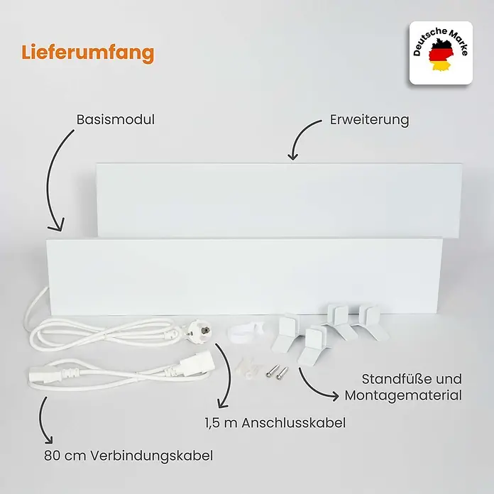Dalsys Infrarotheizkörper Anti-Schimmel-Heizung 60W, 12 x 60 x 1,3cm, 2 Panel, IP44 zertifiziert - Weiß - Weiße modulare Beleuchtungssystemkomponenten: Basismodul, Erweiterung, Stromkabel, Verbindungskabel und Montagematerial.