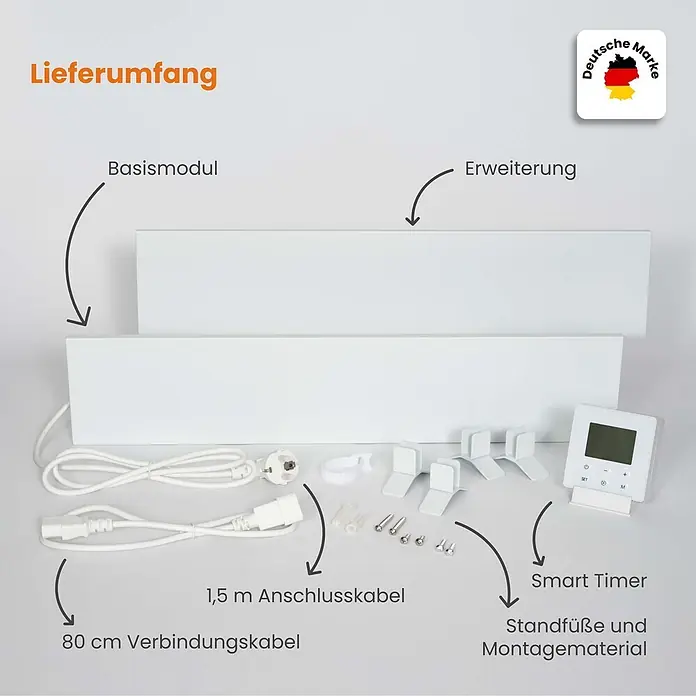 Dalsys Infrarotheizkörper Anti-Schimmel-Heizung 60W, 12 x 60 x 1,3cm, 2 Panel, Smart Timer - Weiß - Set aus weißen Elektroheizpaneelen, Anschluss-/Verbindungskabeln, einem smarten Digital-Timer und Montagematerial für ein deutsches Marken-Heizsystem.