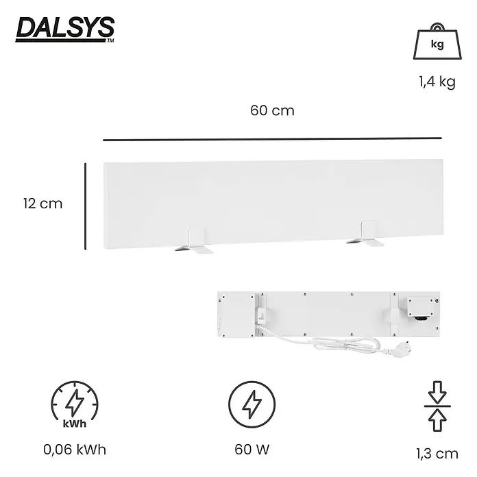 Dalsys Infrarotheizkörper Anti-Schimmel-Heizung 60W, 12 x 60 x 1,3cm, 2 Panel, Smart Timer - Weiß - Weißer DALSYS Paneelheizer. Abmessungen: 60x12x1,3 cm. Gewicht: 1,4 kg. Leistung: 60 W. Energie: 0,06 kWh.