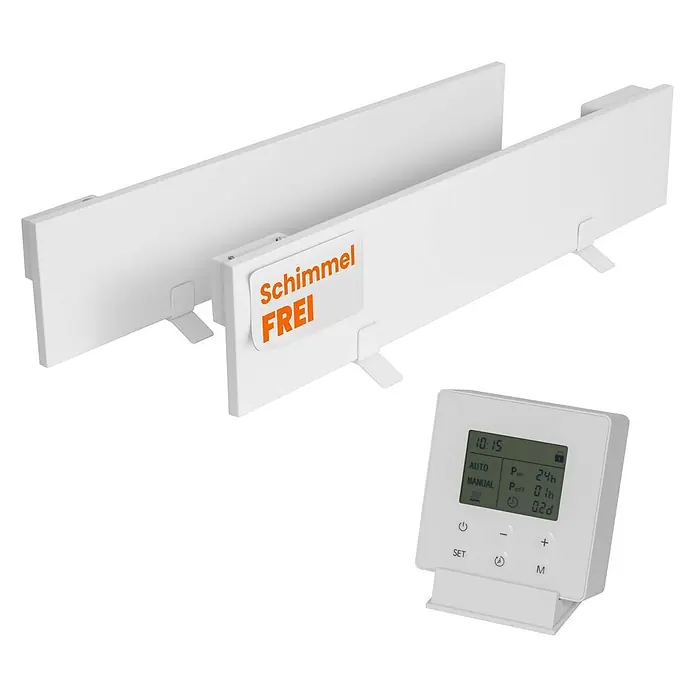 Dalsys Infrarotheizkörper Anti-Schimmel-Heizung 60W, 12 x 60 x 1,3cm, 2 Panel, Smart Timer - Weiß - Weiße "Schimmel FREI" Heizpaneele und ein digitaler Thermostat zur Raumklimaregelung.