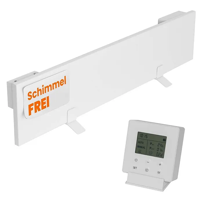 Dalsys Infrarotheizkörper Anti-Schimmel-Heizung 60W, 12 x 60 x 1,3cm, Smart Timer, IP44 zertifiziert - Weiß - Weißer elektrischer Paneelheizer mit "Schimmel FREI"-Etikett und digitaler Fernbedienung.