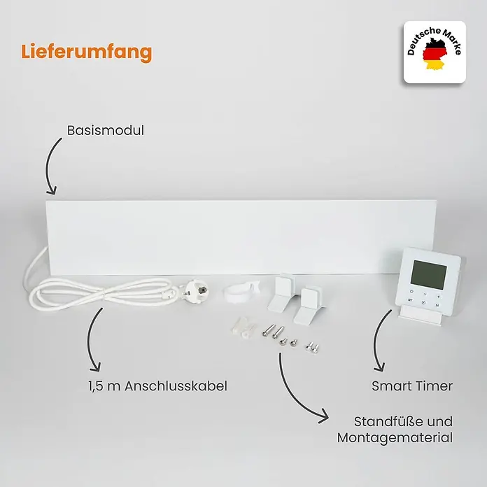 Dalsys Infrarotheizkörper Anti-Schimmel-Heizung 60W, 12 x 60 x 1,3cm, Smart Timer, IP44 zertifiziert - Weiß - Lieferumfang: weißes Basismodul, 1,5 m Anschlusskabel, Smart Timer, Standfüße und Montagematerial.