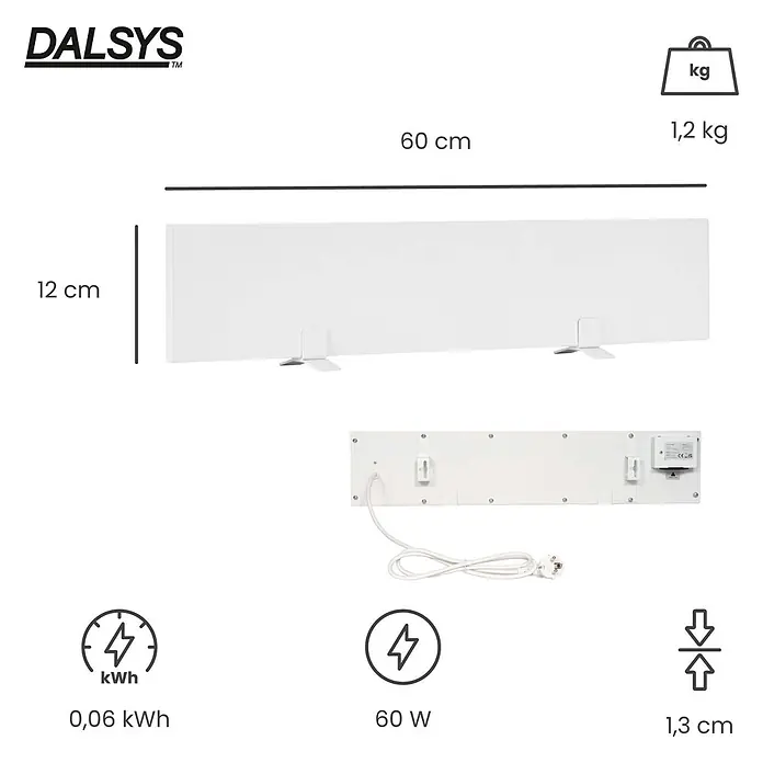 Dalsys Infrarotheizkörper Anti-Schimmel-Heizung 60W, 12 x 60 x 1,3cm, IP44 zertifiziert - Weiß - Weißer rechteckiger Elektroheizer (60x12x1,3 cm), 1,2 kg, 60W.