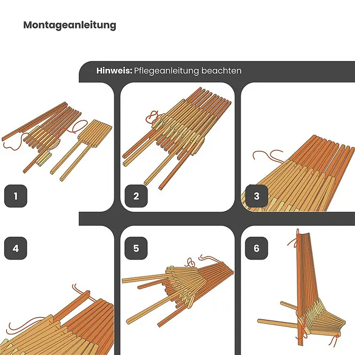 Jardinion Gartenliege Gartenstuhl mit verstellbarer Lehne Holz Schwarz - Holz, Holz - Sechs-Schritte-Montageanleitung für ein Holzlamellenprodukt, die das Verbinden der Latten mit einer roten Kordel zeigt.