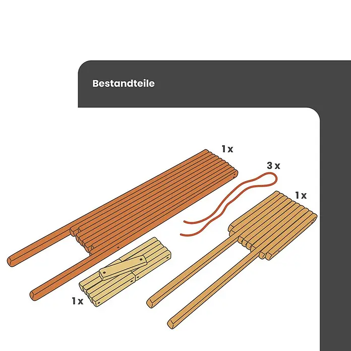 Jardinion Gartenliege Gartenstuhl mit verstellbarer Lehne Holz Schwarz - Holz, Holz - Verschiedene Holzlatten und rote Schnüre, Bestandteile eines Bausatzes.