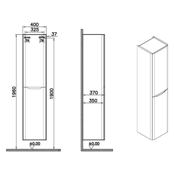 VitrA Integra Round Hochschrank - B x T x H: 40 x 37 x 180 cm, Moosgrün, DIN Anschlag: Rechts, Inklusive 4 Glaseinlegeböden - Schmaler, hoher Einbaukühlschrank oder Gefrierschrank, mit Front-, Seiten- und isometrischer Ansicht sowie Maßen dargestellt.