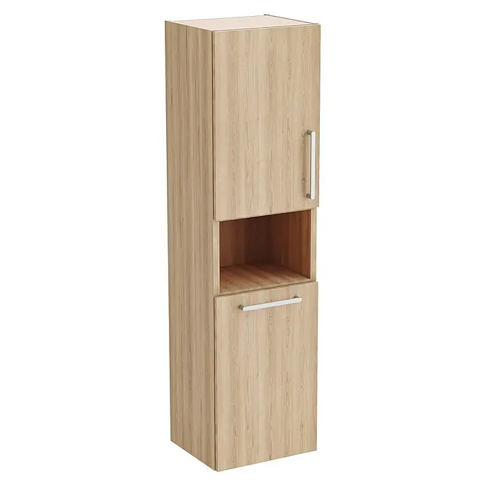 VitrA Hochschrank Root Flat - B x T x H: 42 x 36 x 155 cm, Eiche Natur, DIN Anschlag: Links - Hoher, schmaler Schrank aus hellem Holz mit zwei Türen, einem offenen Fach und silbernen Griffen.