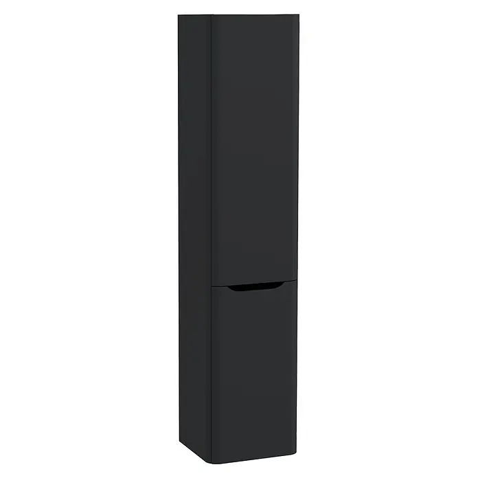VitrA Hochschrank Integra Round - B x T x H: 40 x 37 x 180 cm, Graphit, DIN Anschlag: Links, Inklusive 3 Glasböden und Wäscheklappe - Schwarzer Standkühlschrank mit zwei Türen, die untere mit integriertem Griff.