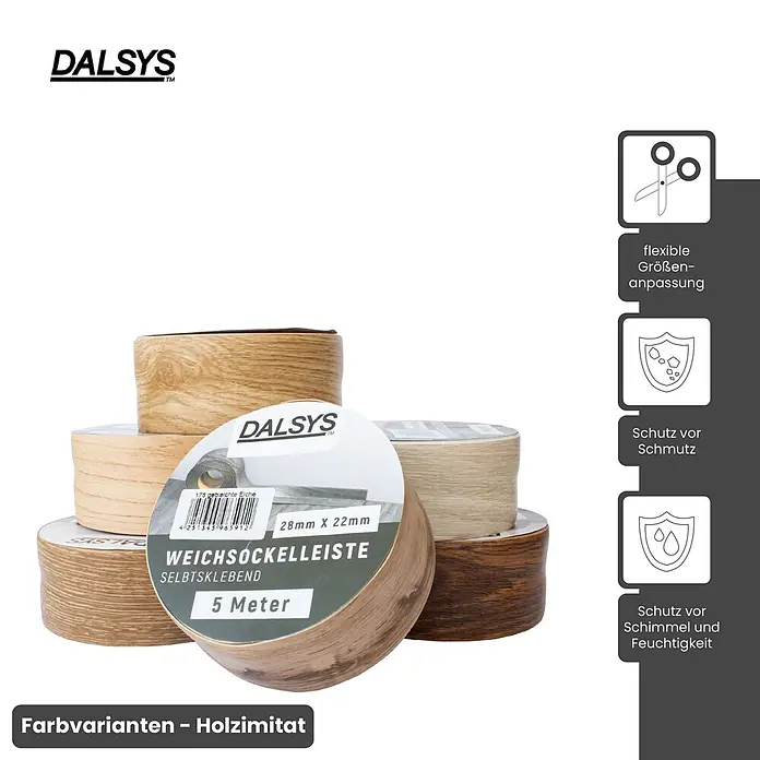 Dalsys Weichsockelleiste 15m Weichsockelleiste selbstklebend Buche -  - Selbstklebende Weichsockelleisten in Holzoptik, 28x22mm, 5m Rollen. Flexibel, schützt vor Schmutz, Schimmel und Feuchtigkeit.